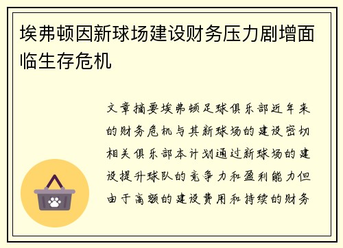 埃弗顿因新球场建设财务压力剧增面临生存危机
